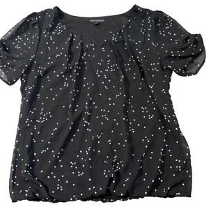 Sara Michelle Black White Polka Dot V-Neck Bubble Hem Blouse Top L Office Career